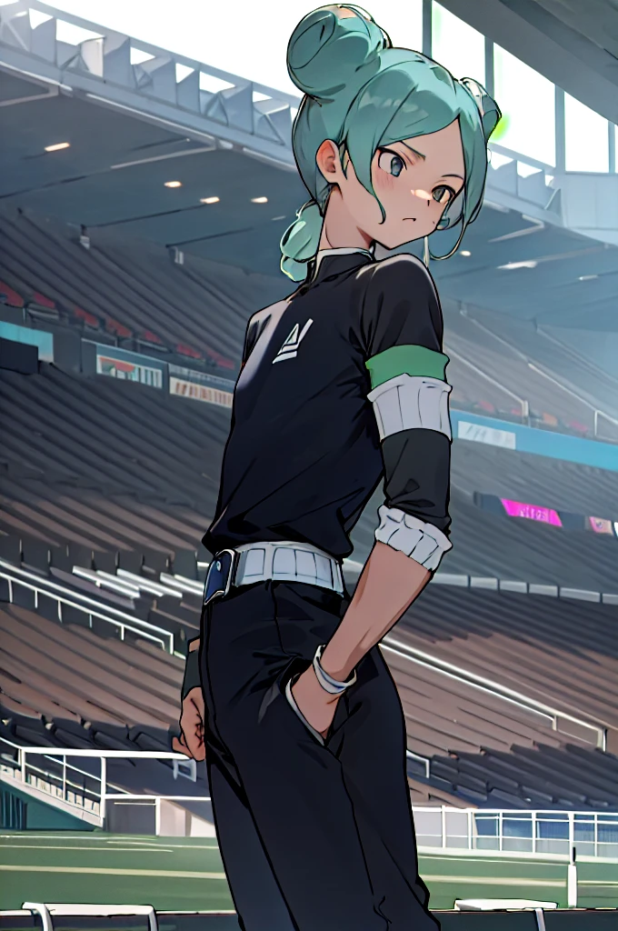 masterpiece, best quality, highres, aabeta, armband, sportswear, double bun, black shirt, belt, black pants, outdoors, cowboy shot, standing, stadium