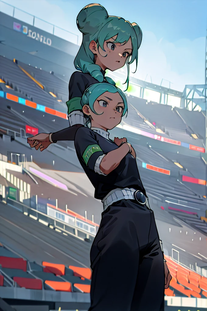 masterpiece, best quality, highres, aabeta, armband, sportswear, double bun, black shirt, belt, black pants, outdoors, cowboy shot, standing, stadium