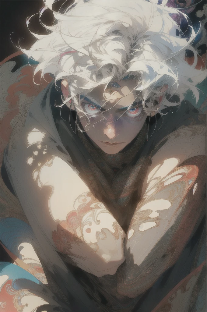 Realistic, (Masterpiece, Top Quality, Best Quality, Official Art, Beauty and Aesthetics: 1.2), Very Detailed, Fractal Art, Colorful, Most Detailed, Zentangle, (Abstract Background: 1.5) (1boy: 1.3), God, White Hair, Short Hair, (Glowing Red Eyes), Mysterious, (Magic), Ice, Handsome Man, Egyptian Style