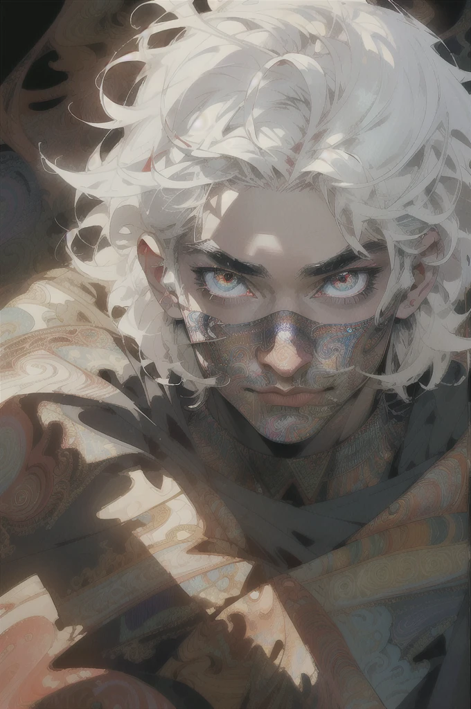 Realistic, (Masterpiece, Top Quality, Best Quality, Official Art, Beauty and Aesthetics: 1.2), Very Detailed, Fractal Art, Colorful, Most Detailed, Zentangle, (Abstract Background: 1.5) (1boy: 1.3), God, White Hair, Short Hair, (Glowing Red Eyes), Mysterious, (Magic), Ice, Handsome Man, Egyptian Style