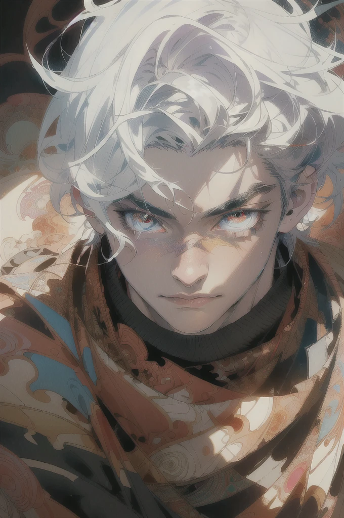 Realistic, (Masterpiece, Top Quality, Best Quality, Official Art, Beauty and Aesthetics: 1.2), Very Detailed, Fractal Art, Colorful, Most Detailed, Zentangle, (Abstract Background: 1.5) (1boy: 1.3), God, White Hair, Short Hair, (Glowing Red Eyes), Mysterious, (Magic), Ice, Handsome Man, Egyptian Style