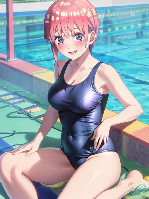 best quality, insanely detailed, ichika nakano, one-piece swimsuit, breasts, blush, swimming pool background, smile