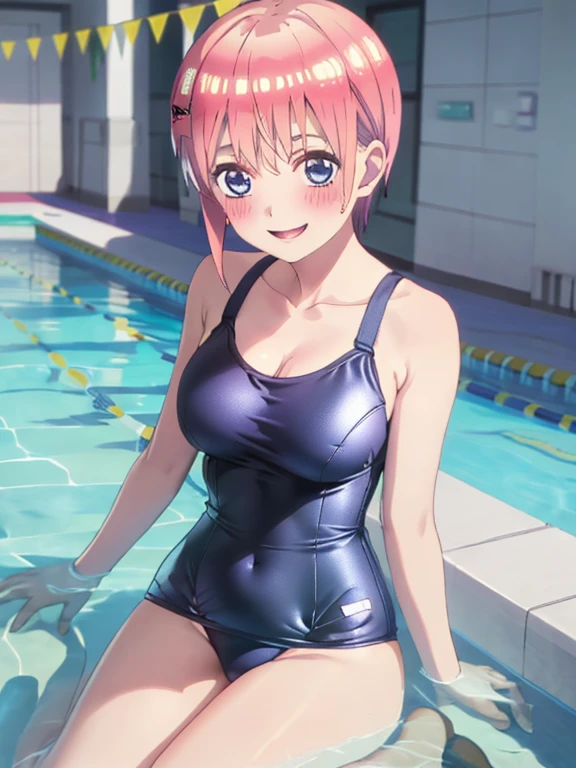 best quality, insanely detailed, ichika nakano, one-piece swimsuit, breasts, blush, swimming pool background, smile