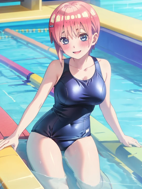 best quality, insanely detailed, ichika nakano, one-piece swimsuit, breasts, blush, swimming pool background, smile
