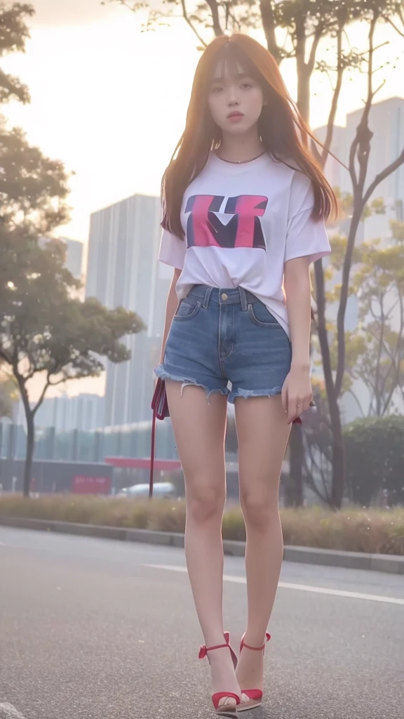 mix4, 20d, solo, long_hair, shirt,hot pants, high_heels, full_body, look_at_viewer, (8k, RAW photo, best quality, mastery:1.2), (realistic, photo-realistic:1.37), professional lighting, photon mapping, light energy transfer, physically based rendering,background in forest,girl from korea