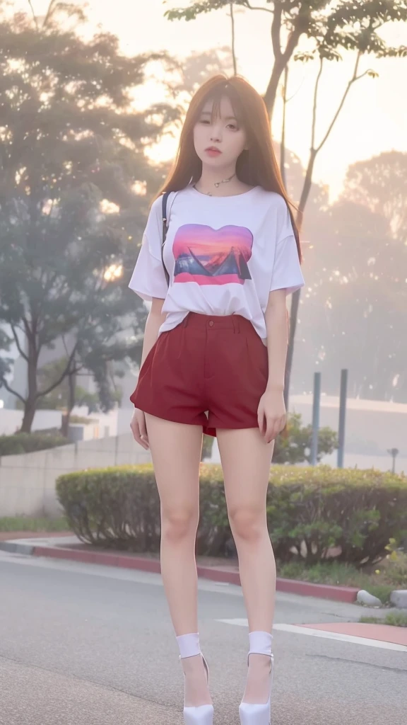 mix4, 20d, solo, long_hair, shirt,hot pants, high_heels, full_body, look_at_viewer, (8k, RAW photo, best quality, mastery:1.2), (realistic, photo-realistic:1.37), professional lighting, photon mapping, light energy transfer, physically based rendering,background in forest,girl from korea