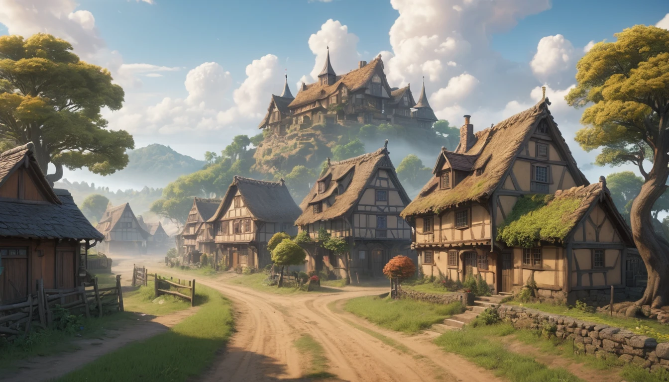 (anime, fantasy, village), (detailed CG unity 8k wallpaper, masterpiece, best quality, ultra-detailed, HDR:1.2), vibrant colors, intricate, high FXAA, medieval village, cluster of houses, oak house, dirt road, small trees, wide angle shot, cinematic composition, volumetric fog, dynamic lighting