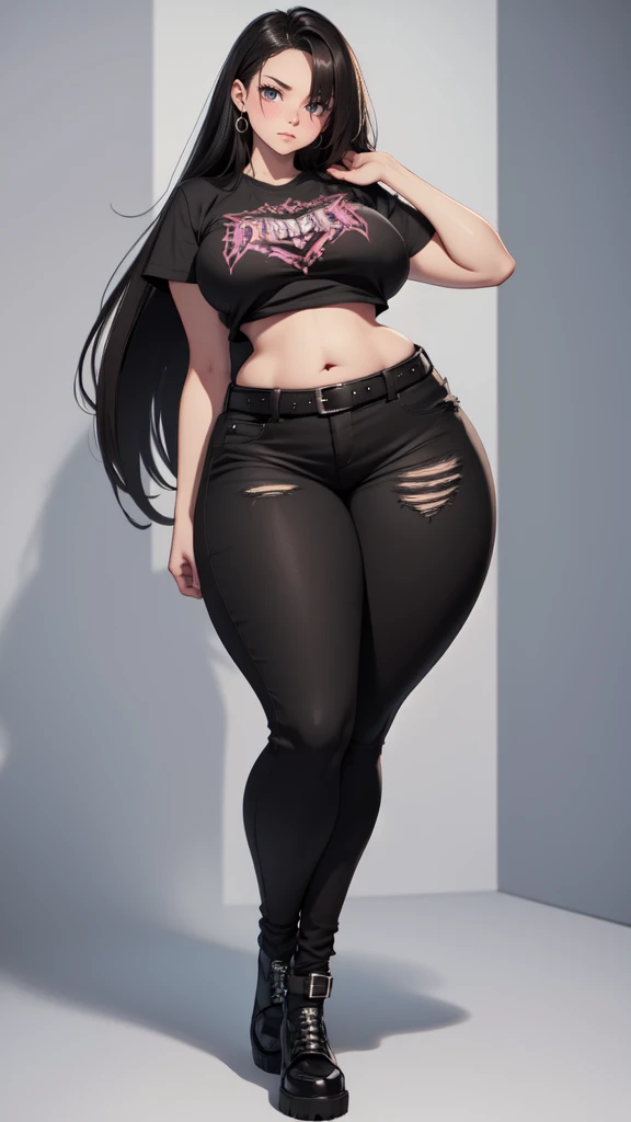 blank background, (((full body))), (masterpiece), ((best quality)), ((tall girl)), straight hair (curvy:1.5), (punk girl), shoes, belt below navel, black hair, wide hips, (black jeans), (short sleeves), arm tattoo