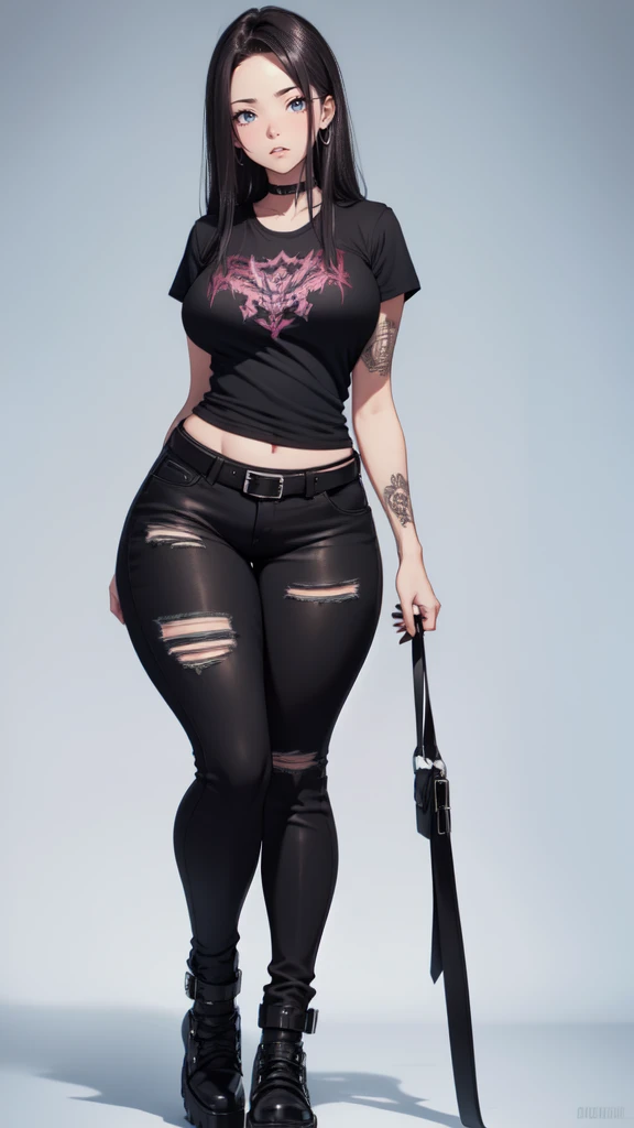 blank background, (((full body))), (masterpiece), ((best quality)), ((tall girl)), straight hair (curvy:1.5), (punk girl), shoes, belt below navel, black hair, wide hips, (black jeans), (short sleeves), arm tattoo