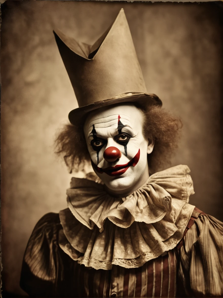 Creepy dark clown vintage portrait photography, sepia tones, classic studio photography, harsh features,