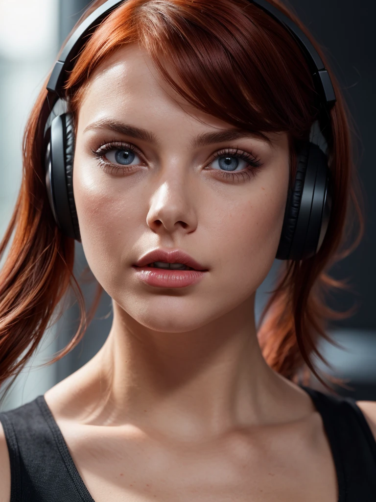 foreground, perfect face of a brunette woman with red hair, perfect face with heterochromia and big eyes ,bright red party thick lips wearing black headphones, The camera should only focus on his face and his innocent look., on a dark background, High quality image, very sharp, realistic and detailed cinematic scene
