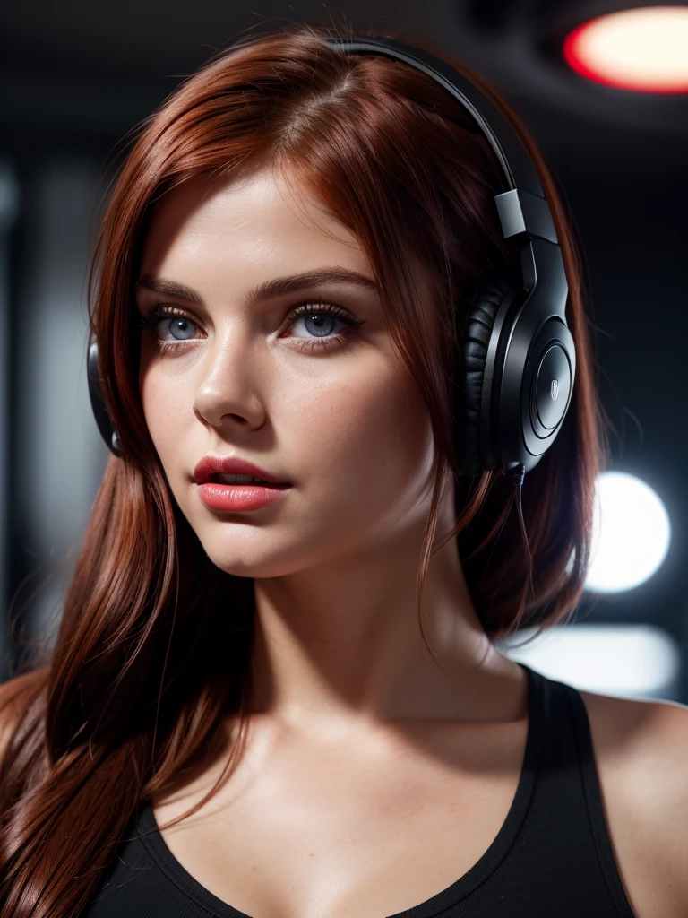 foreground, perfect face of a brunette woman with red hair, perfect face with heterochromia and big eyes ,bright red party thick lips wearing black headphones, The camera should only focus on his face and his innocent look., on a dark background, High quality image, very sharp, realistic and detailed cinematic scene