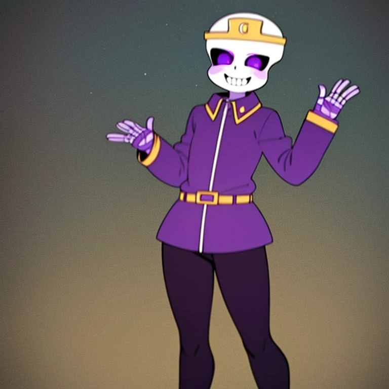 nightmare!sans, skeleton, dark purple jacket, black pants, dark purple boots, lavender pupils, smiling, golden moon crown, goldev belt has NM sign, standing still, solo, eye holes, dark eyes, cartoon, cartoon eyes, simple background