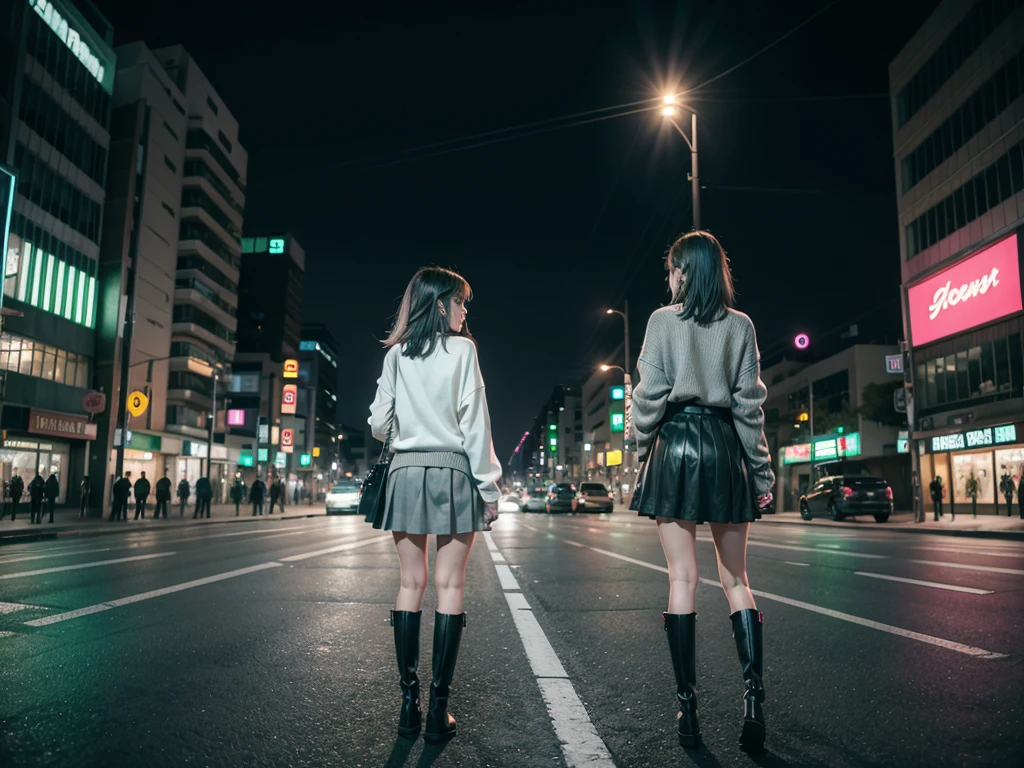 City landscape combination of Mexico and Japan modern avenue anime night neon lights, an anime girl alone in the middle of the street with her back covered in a green flag cardigan sweater, Long gray skirt, high white socks and black boots