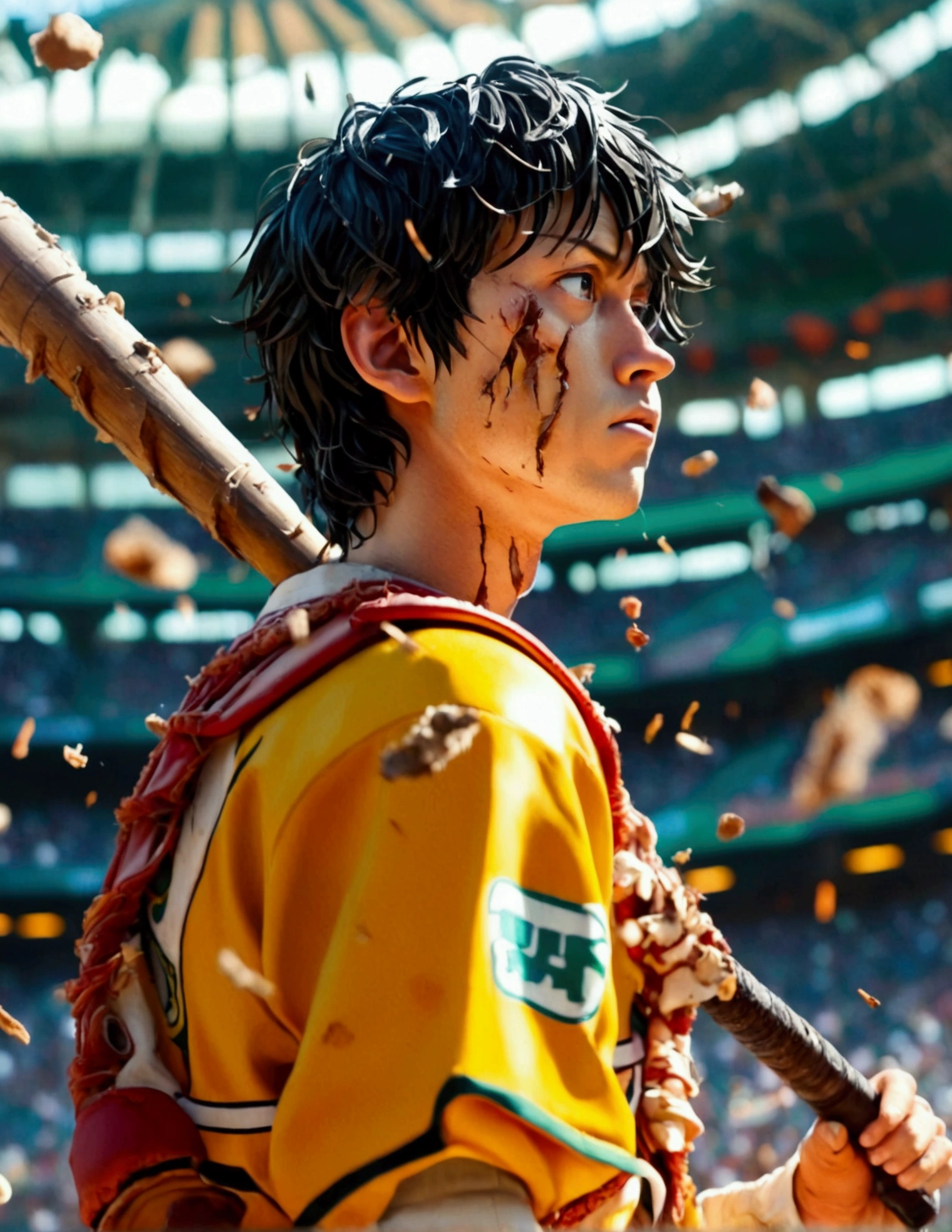 Saitama, One Punch Man, Saitama, dressed in a baseball player outfit looking stunned and confused, badly damaged baseball bat in his hand, exploded baseball remains fall to the ground