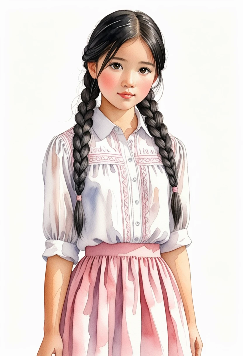 Hand-drawn watercolor illustration, One Girl,Black Hair(Two braids),, White blouse,Pale green long skirt,13 years old,smile,cute, cute, Simple, Pencil line drawing