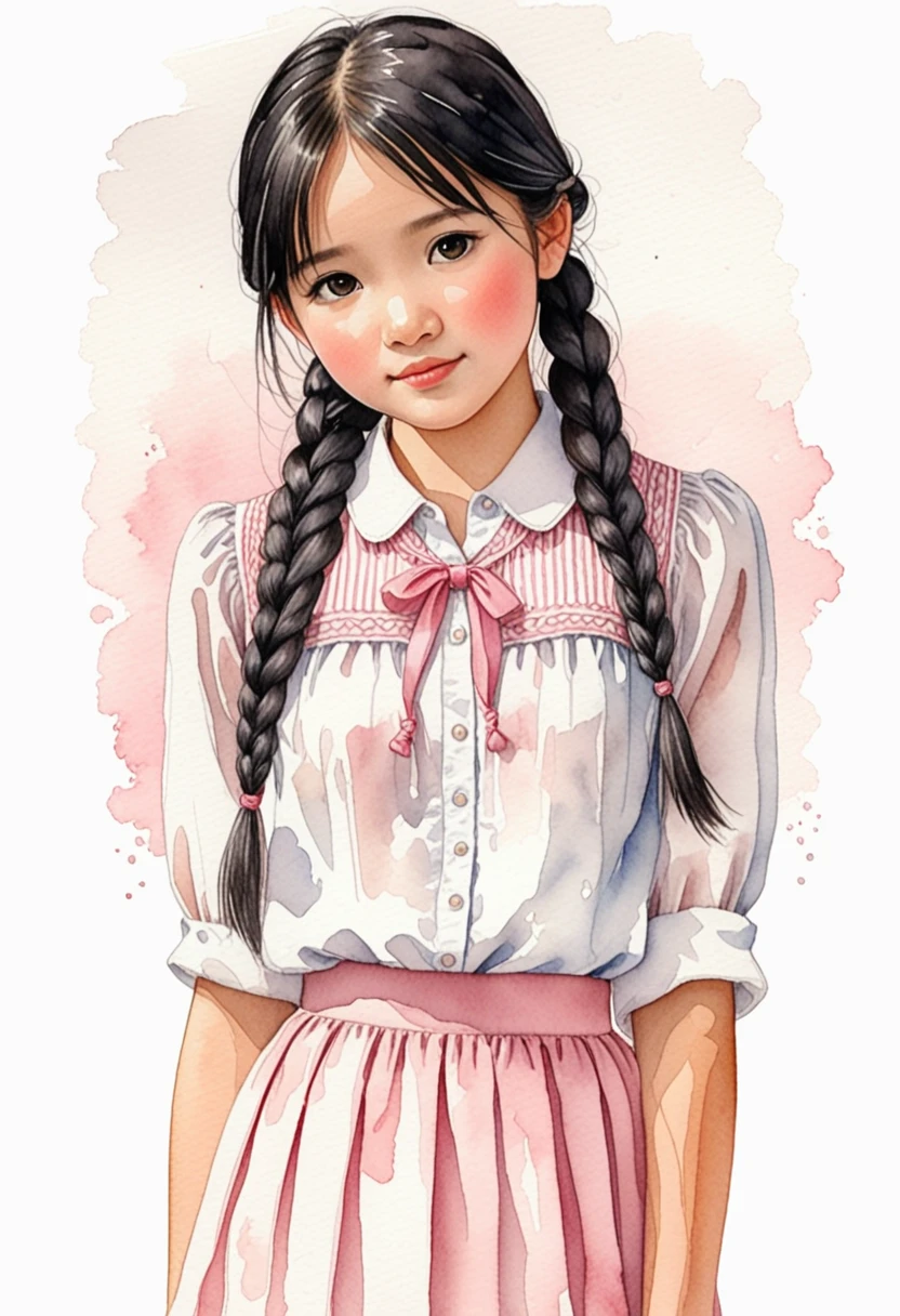 Hand-drawn watercolor illustration, One Girl,Black Hair（Two braids）,, White blouse,pale pink long skirt,13 years old,Straight face,cute, cute, Simple, Pencil line drawing