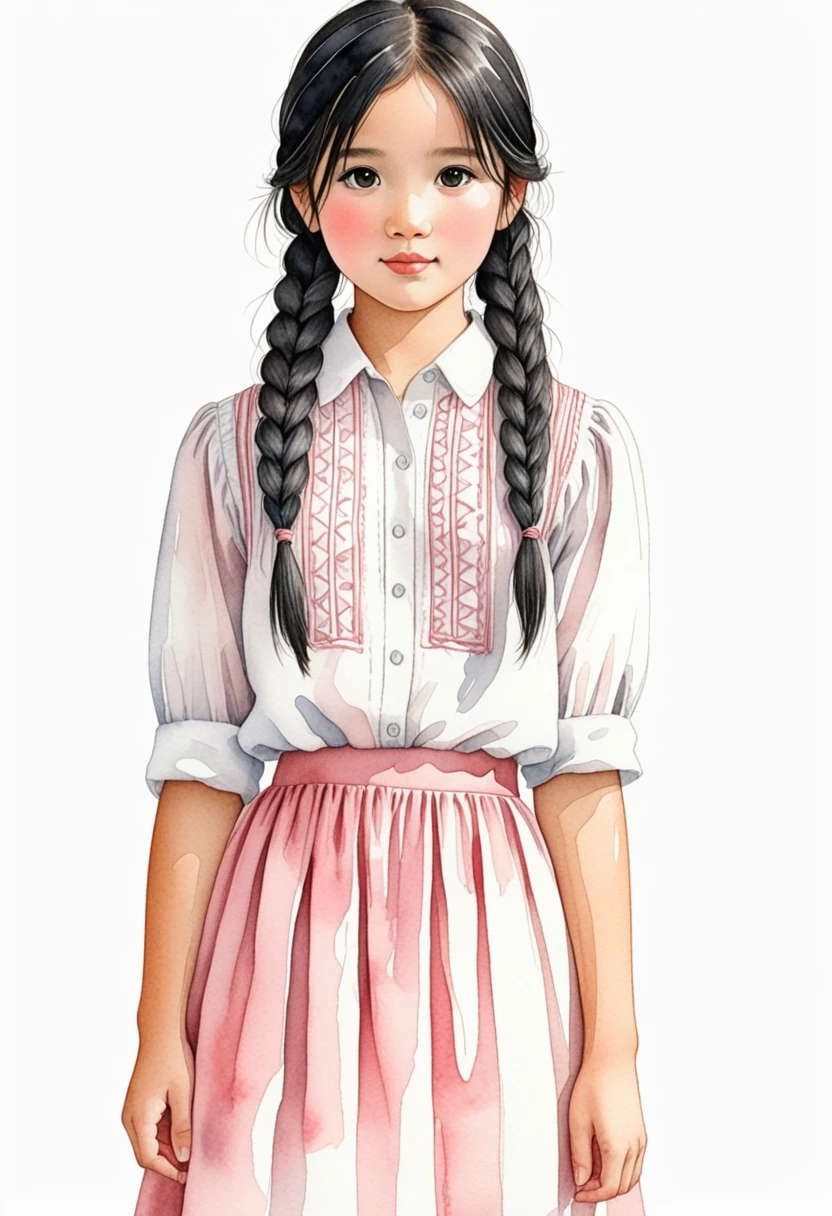 Hand-drawn watercolor illustration, One Girl,Black Hair（Two braids）,, White blouse,pale pink long skirt,13 years old,Straight face,cute, cute, Simple, Pencil line drawing