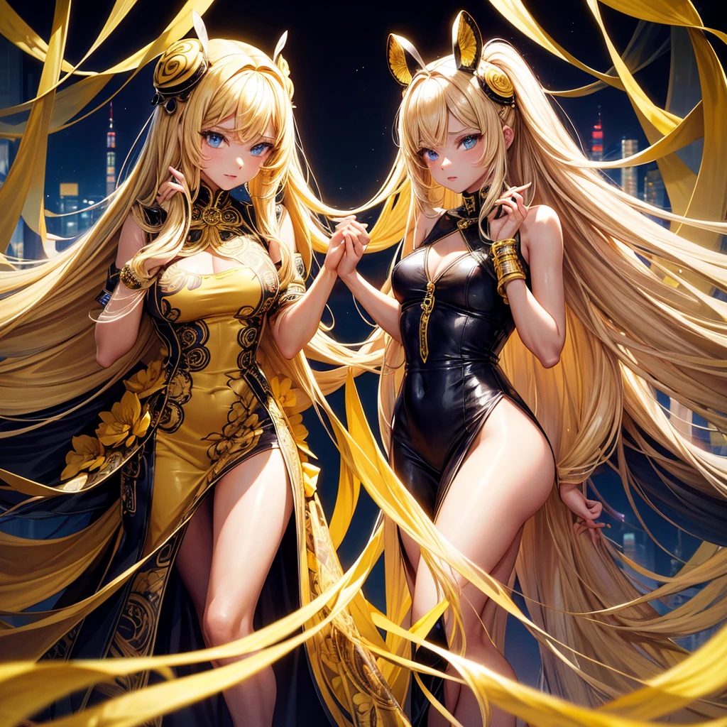 Blonde、Cute 、Twin tails、Yellow ribbon hair accessory、Realistic beautiful fingers、Black fishnet stockings、Light clothing in summer、Sheer clothing、Attractive clothes、Exposed skin、Transparent panties、