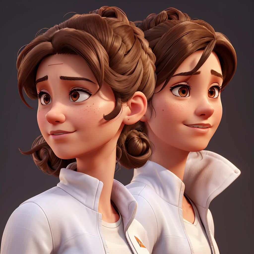 arafed woman with a messy bun in a jacket and white shirt, character headshot portrait, realistic studio portrait, headshot profile picture, brown long haired, 8k portrait render, highly detailed vfx portrait, high quality portrait, nft portrait, realistic portrait photo, ada wong, disney weta portrait, cinematic realistic portrait, headshot portrait.