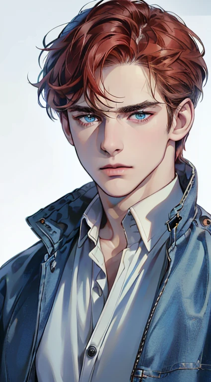 (best quality, masterpiece, 8K, photorealistic, cinematic lighting, 1:4 hdr image, ultra detailed, beautiful image), a mature man, 34 years very handsome, ((cold expression)), short red hair, blue eyes, face perfect without mistakes, ((buttoning his jacket, CEO))