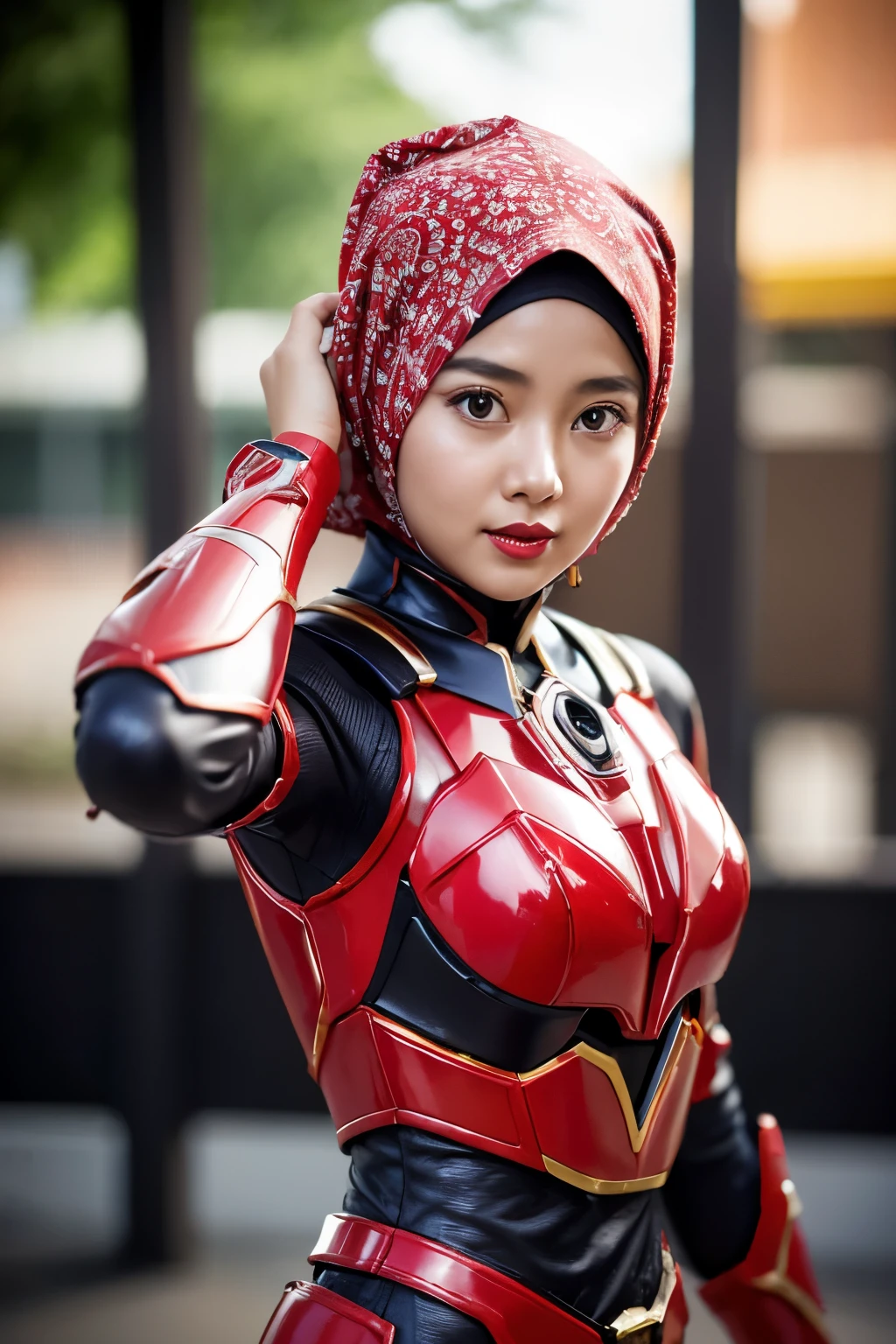 javanese girl , modern red pattern hijab, Red lips, open chest, shy, medium portrait shot , watery eyes , glowing particles, wear Red Kamen Rider Valkry Flexible Suit, toll road full body bokeh background, proportional body