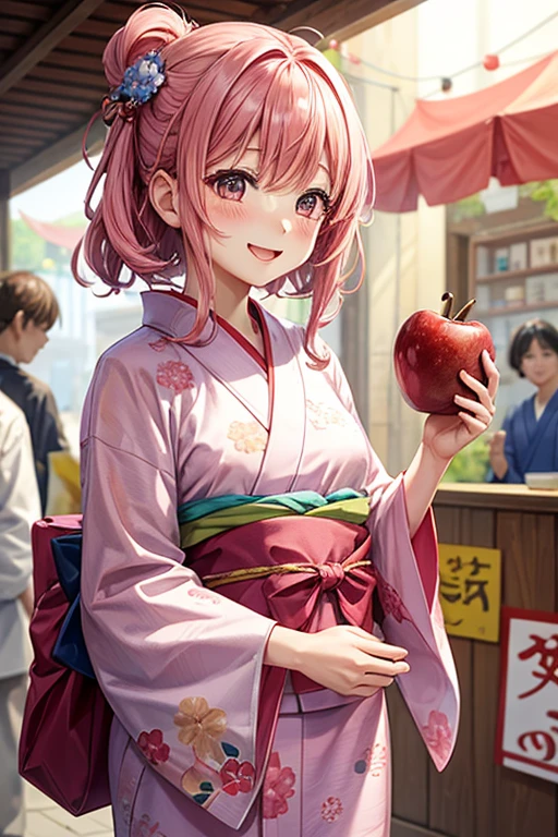 A woman wearing a yukata,hair_pink,Medium Hair,1つのお団子のhair型,hair飾り,巻きhair,pinkの目,pinkの浴衣_Floral,laughing,Mouth wide open,A very happy smile,Happy look,Holding a candy apple,Summer festival,blush,Small ,,clear,,flat chest