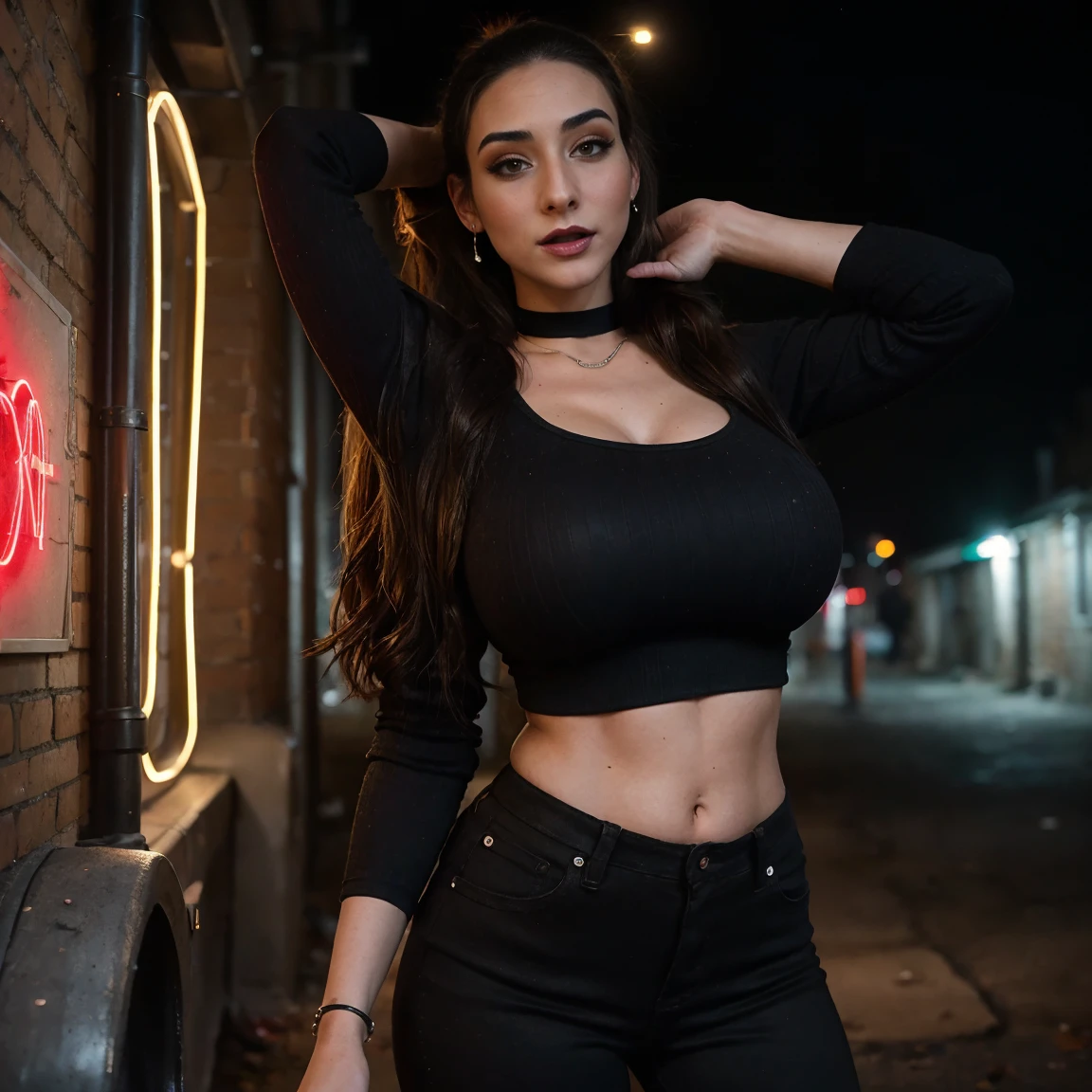 Extremely busty thin and toned brunette photographer, college girl, mean bitch, fair skin, loose ponytail, soft face, athletic, choker, dark makeup, goth, studs, piercings, tight red long-sleeve crop top, black bra straps, black skinny jeans. standing in a dirty alleyway, club, neon, nighttime, darkness, cleavage