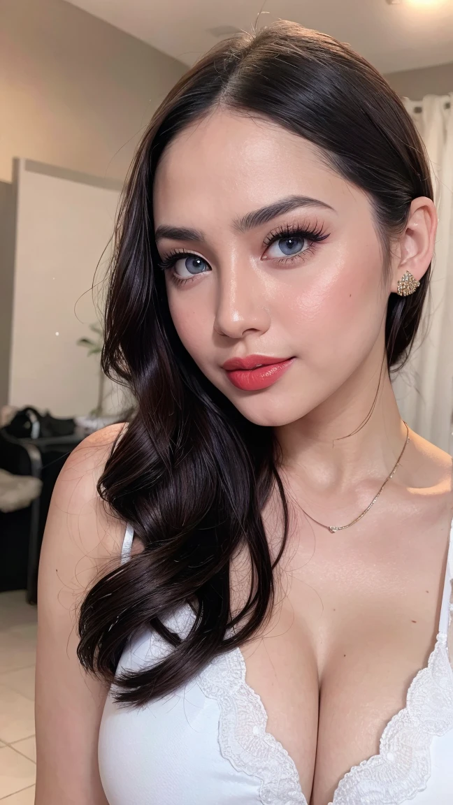 instagram photo, closeup face photo of 23 y.o Chloe in kebaya, blue eyes, white skin, Red Lipstick, sensual Lipstick, Sensational Make Up, cleavage, pale skin, (smile:0.4), hard shadows, White G-STRING, bright lighting 