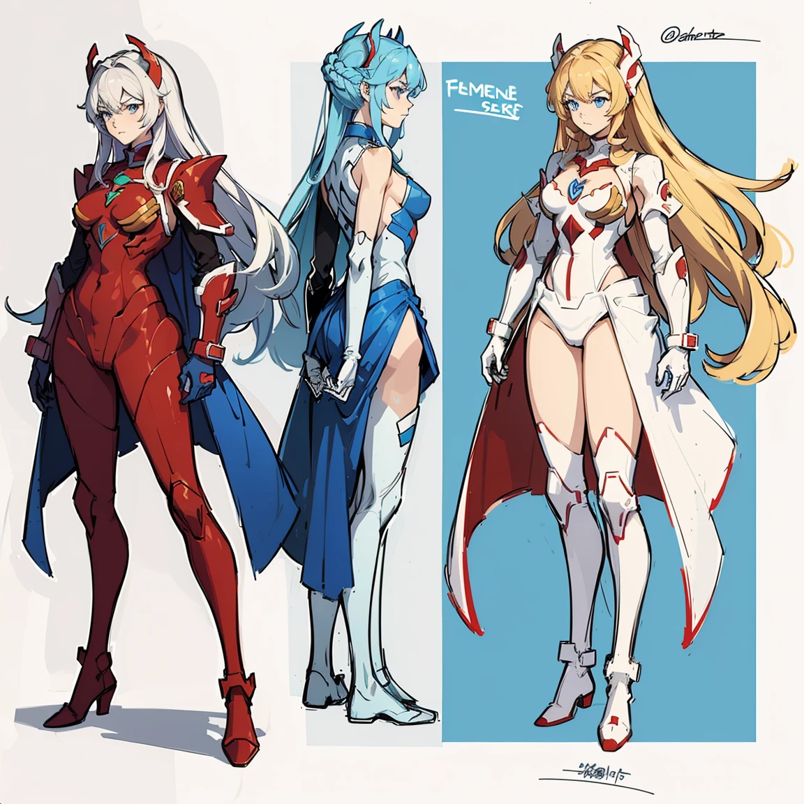 (((full body photo))), red blue and white color, femboy wearing a lightly armoured body suit, sci-fi themes, chest armour, gundam, best quality, arte oficial, Sketch line diagram, eye blue, front view, back view, and side view of character, long hair