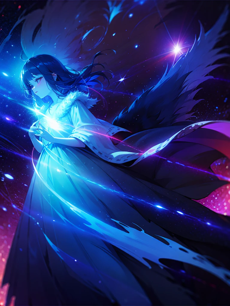 bioluminescent shiny glow, beautiful girl in flowing ballgown dress, galaxy style dress, galaxy glow, sparkling, ethereal, fluffy flowing hair, silky glistening iridescent raven hair,