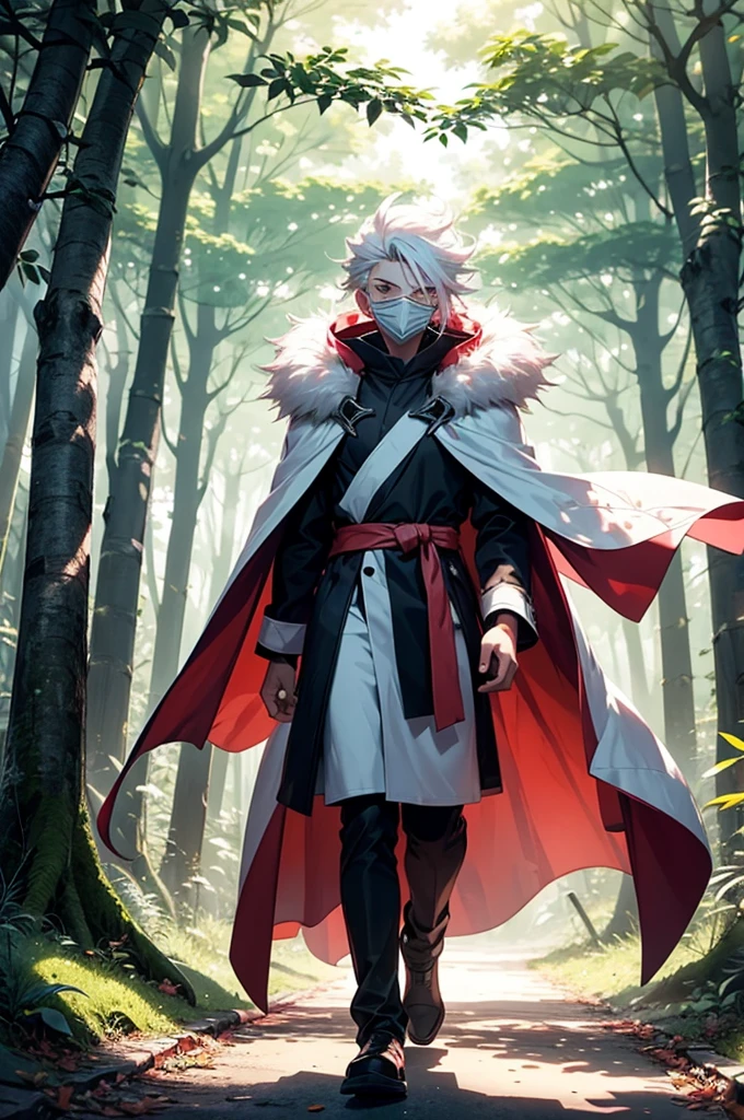 A white haired teenage boy in a long thin white cloak with a light pink pattern wearing a traditional wood carved mask resembling the Pokémon Zoroark covering his face walking through a forest. lush forest, semi-dim lighting, high quality, evening, sheathed rapier, kind looking,