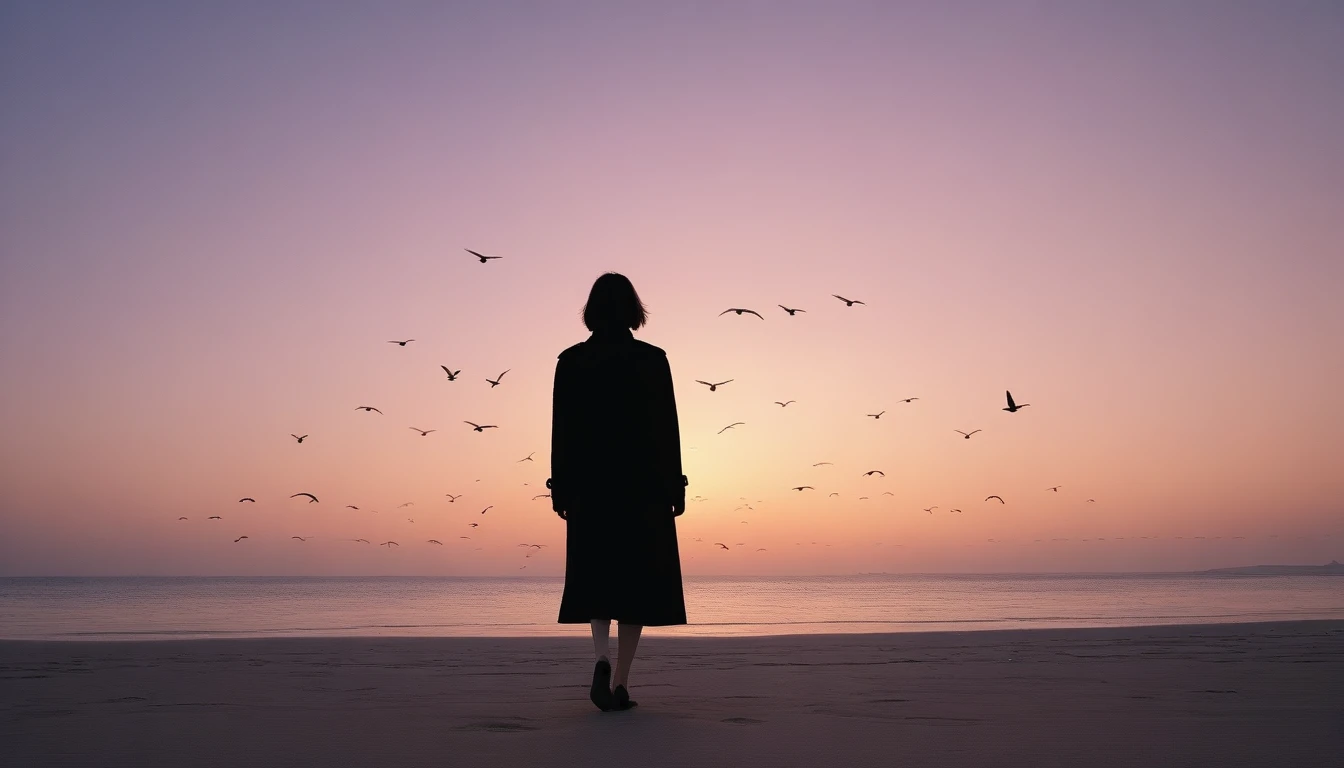 8K, Vivid picture quality, long deserted beach, woman walking from afar, short hair that covers the neck, , Black trench coat, red light of sunset, sunset, alone, afternoon, depressed, birds가 밀려온다, ocean, birds, wind, short korean girl, 잔잔한 birds, bare foot, bare foo
