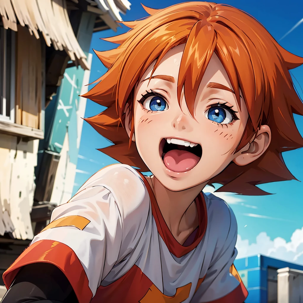 ChrisT, boy, red t-shirt, white sleeves, blue eyes, orange hair, spiked hair, looking at viewer, happy, laughing, mouth open, portrait, outside, extreme detail, hdr, beautiful quality, masterpiece,  