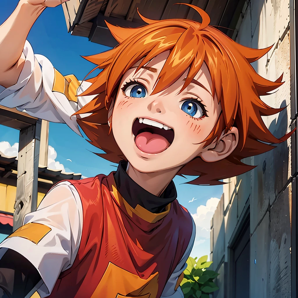 ChrisT, boy, red t-shirt, white sleeves, blue eyes, orange hair, spiked hair, looking at viewer, happy, laughing, mouth open, portrait, outside, extreme detail, hdr, beautiful quality, masterpiece,  