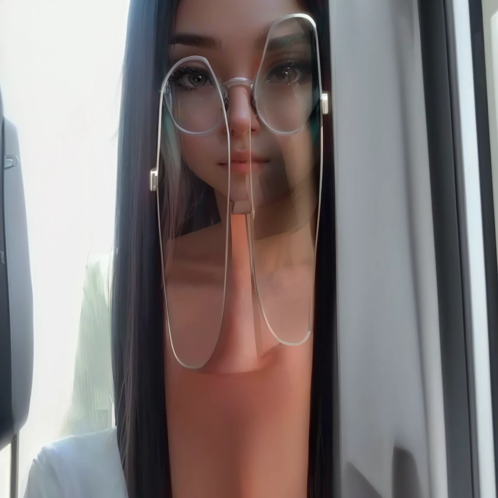 there is a woman with glasses on taking a selfie, thick glasses, close up face, closeup shot of face, close up of face, close up at face, face close up, neck zoomed in from lips down, small lips pointy nose, clear cute face, close up head shot, middle close up shot, lips slightly parted, wearing small round glasses
