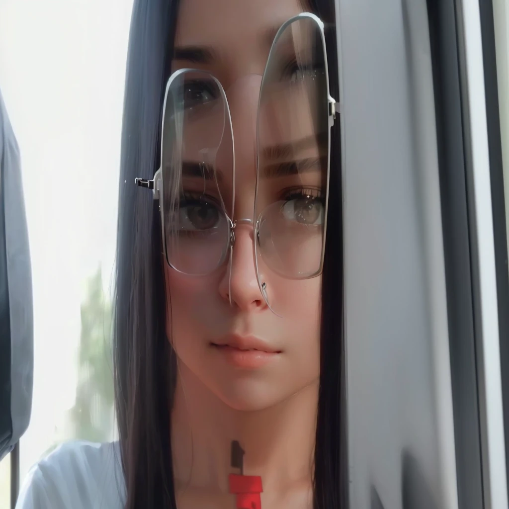 there is a woman with glasses on taking a selfie, thick glasses, close up face, closeup shot of face, close up of face, close up at face, face close up, neck zoomed in from lips down, small lips pointy nose, clear cute face, close up head shot, middle close up shot, lips slightly parted, wearing small round glasses