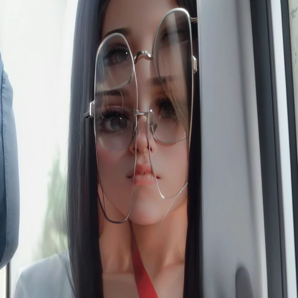 there is a woman with glasses on taking a selfie, thick glasses, close up face, closeup shot of face, close up of face, close up at face, face close up, neck zoomed in from lips down, small lips pointy nose, clear cute face, close up head shot, middle close up shot, lips slightly parted, wearing small round glasses