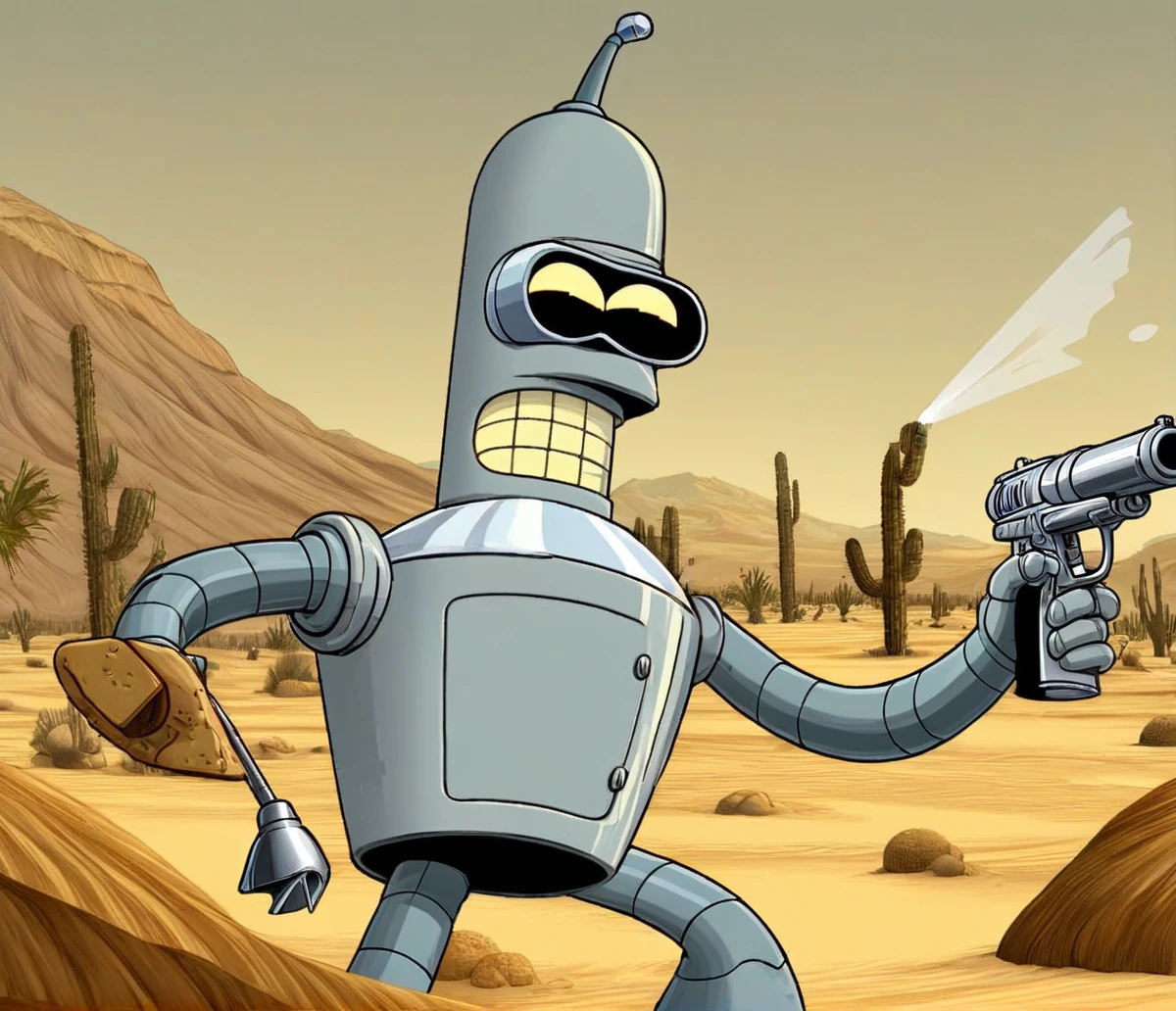 Bender, Marble Vanilla Wafer Skin, Angry, holding Marble Vanilla Wafer Gun, Desert 