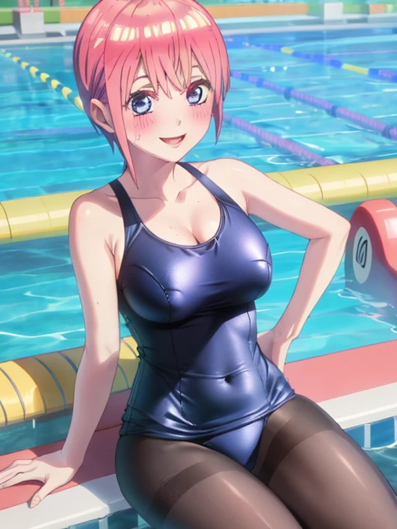 best quality, insanely detailed, ichika nakano, one-piece swimsuit, breasts, blush, swimming pool background, smile, pantyhose