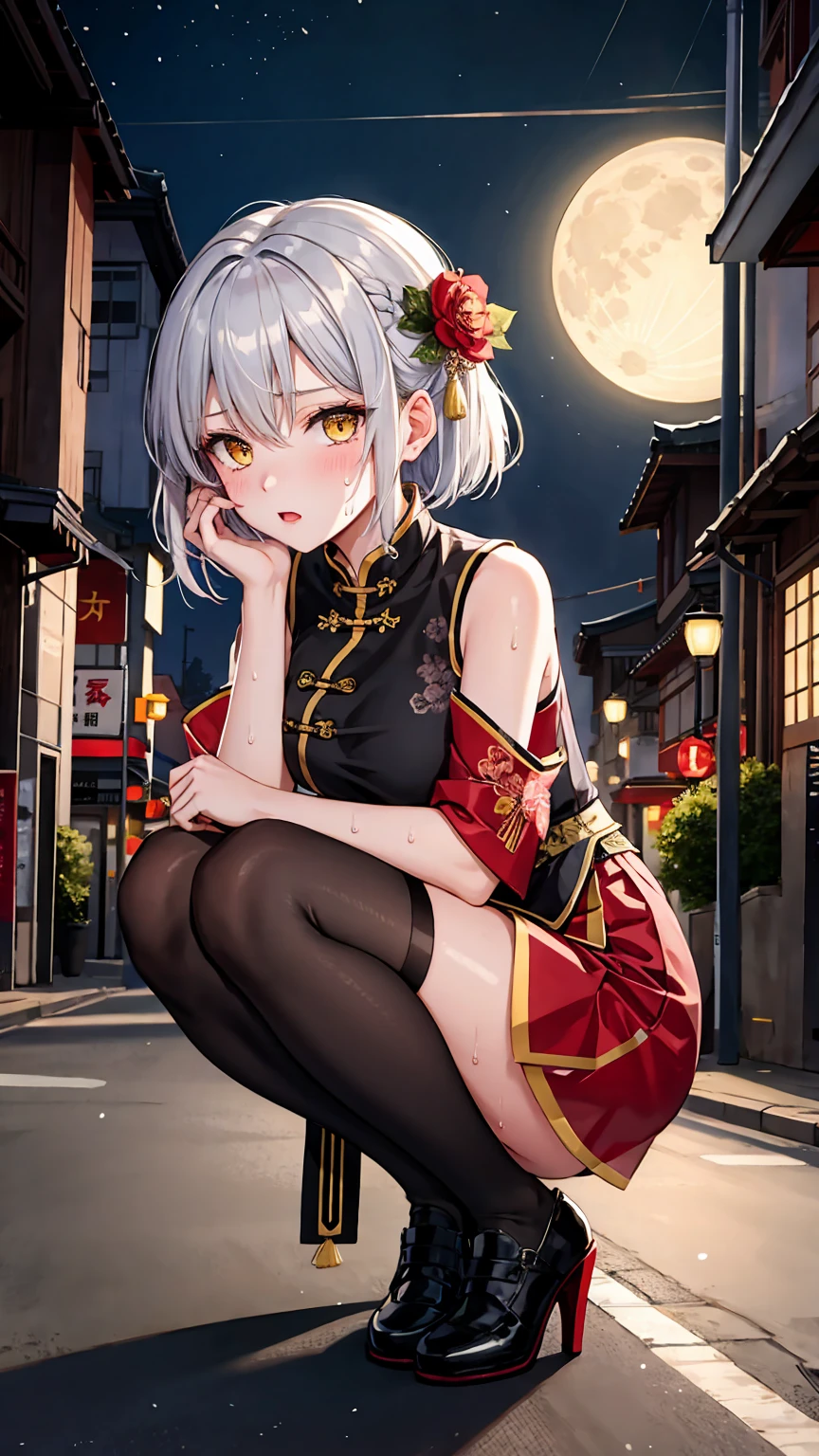 young girl , short silver bob hair, hair flower, sharp bangs between the eyes, yellow  eyes, eyes large, provocative look, obscene expression, notable physical features, traditional chinese imperial clothes black with gold details, red skirt, black thigh high socks., half-sided angle, crouched in the street. japanese city, outdoor city, city at night, with full moon in the background, light reflecting on the sexy and sweaty body. (((sweat))) (work of art:1.2,) (best qualityer.)