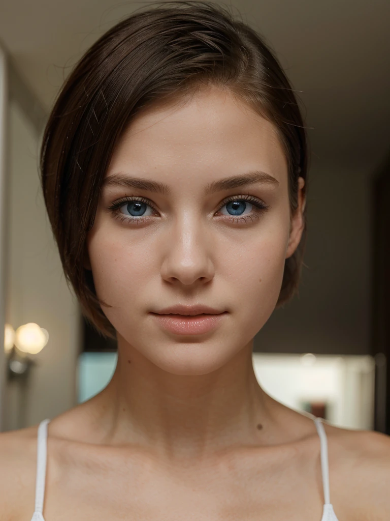 The girl has a sweet and beautiful face, short hair, blue eyes, beautiful hair, and well-maintained skin 