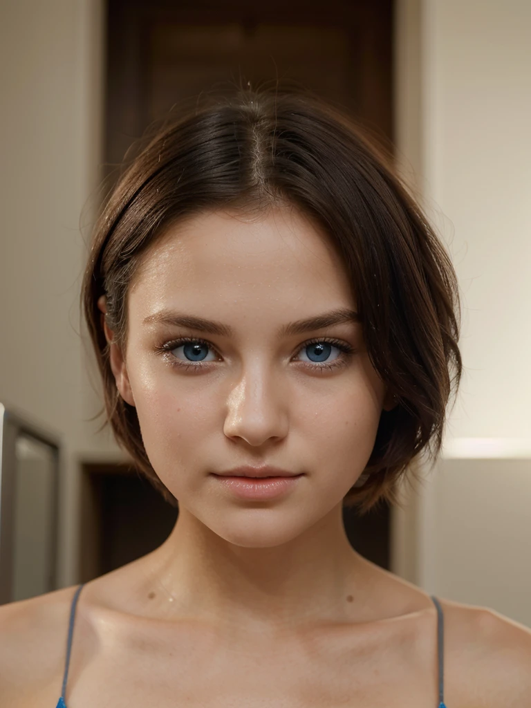 The girl has a sweet and beautiful face, short hair, blue eyes, beautiful hair, and well-maintained skin 
