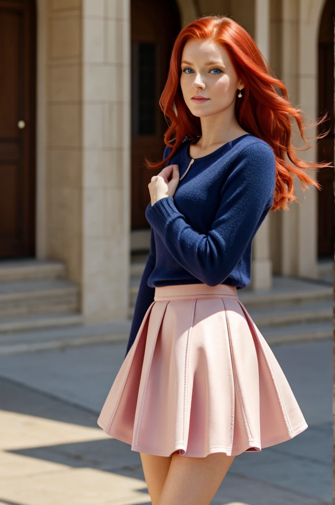 Princess, red hair, blue eyes, elegant pink skirt.