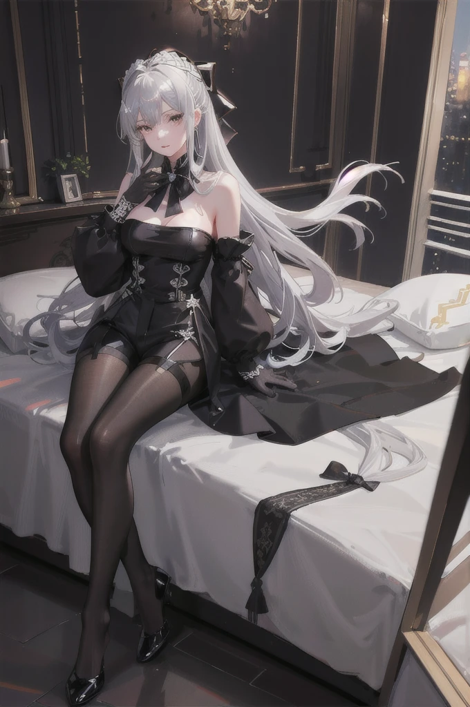 (((1 girl)),ray tracing,(dim lighting),[detailed background (bedroom)),((silver hair)),((silver hair)),(Fluffy silver hair, plump slender girl)) with high ponytail)))) Avoid blonde eyes in the ominous bedroom ((((Girl wears intricately embroidered black high-waisted pants with pantyhose) and white ruffled bow gloves), showing a delicate slim figure and graceful curves, correct limbs, sitting on the bed