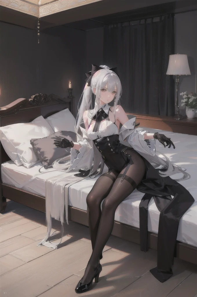(((1 girl)),ray tracing,(dim lighting),[detailed background (bedroom)),((silver hair)),((silver hair)),(Fluffy silver hair, plump slender girl)) with high ponytail)))) Avoid blonde eyes in the ominous bedroom ((((Girl wears intricately embroidered black high-waisted pants with pantyhose) and white ruffled bow gloves), showing a delicate slim figure and graceful curves, correct limbs, sitting on the bed