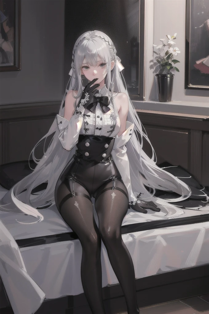 (((1 girl)),ray tracing,(dim lighting),[detailed background (bedroom)),((silver hair)),((silver hair)),(Fluffy silver hair, plump slender girl)) with high ponytail)))) Avoid blonde eyes in the ominous bedroom ((((Girl wears intricately embroidered black high-waisted pants with pantyhose) and white ruffled bow gloves), showing a delicate slim figure and graceful curves, correct limbs, sitting on the bed