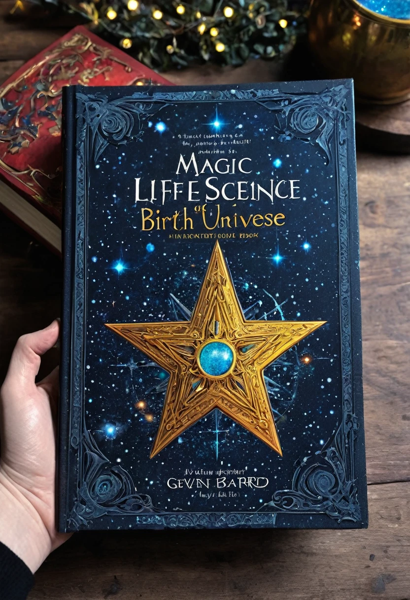 a book with a star on it and a book cover, march, magic book, ridley scott universe, with book of science, secret, rob mcnaughton, magic, universe, birth of the universe, universe life significance, fantasy book cover, comic book cover, marvel universe, holding spell book, end of the universe, by Gwen Barnard