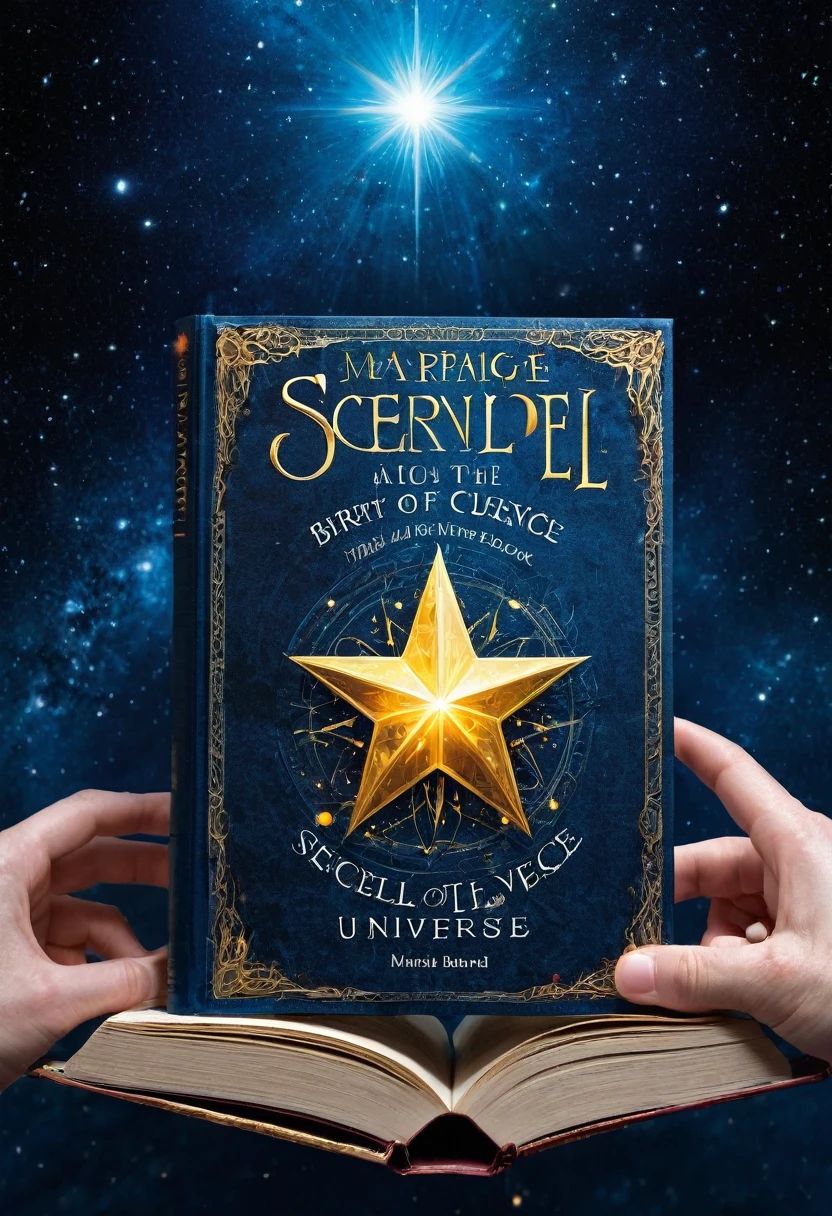 a book with a star on it and a book cover, march, magic book, ridley scott universe, with book of science, secret, rob mcnaughton, magic, universe, birth of the universe, universe life significance, fantasy book cover, comic book cover, marvel universe, holding spell book, end of the universe, by Gwen Barnard