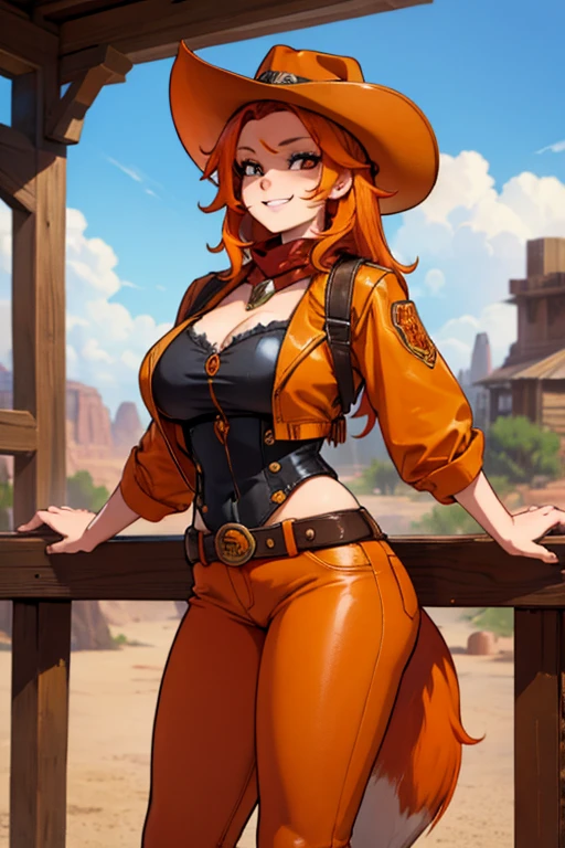 Perfect face, perfect hands. An orange haired female cowgirl with copper eyes with an hourglass figure with orange fox ears and an orange fox tail in a conservative cowgirl outfit is leaning on a railing in the wild west town with a big smile